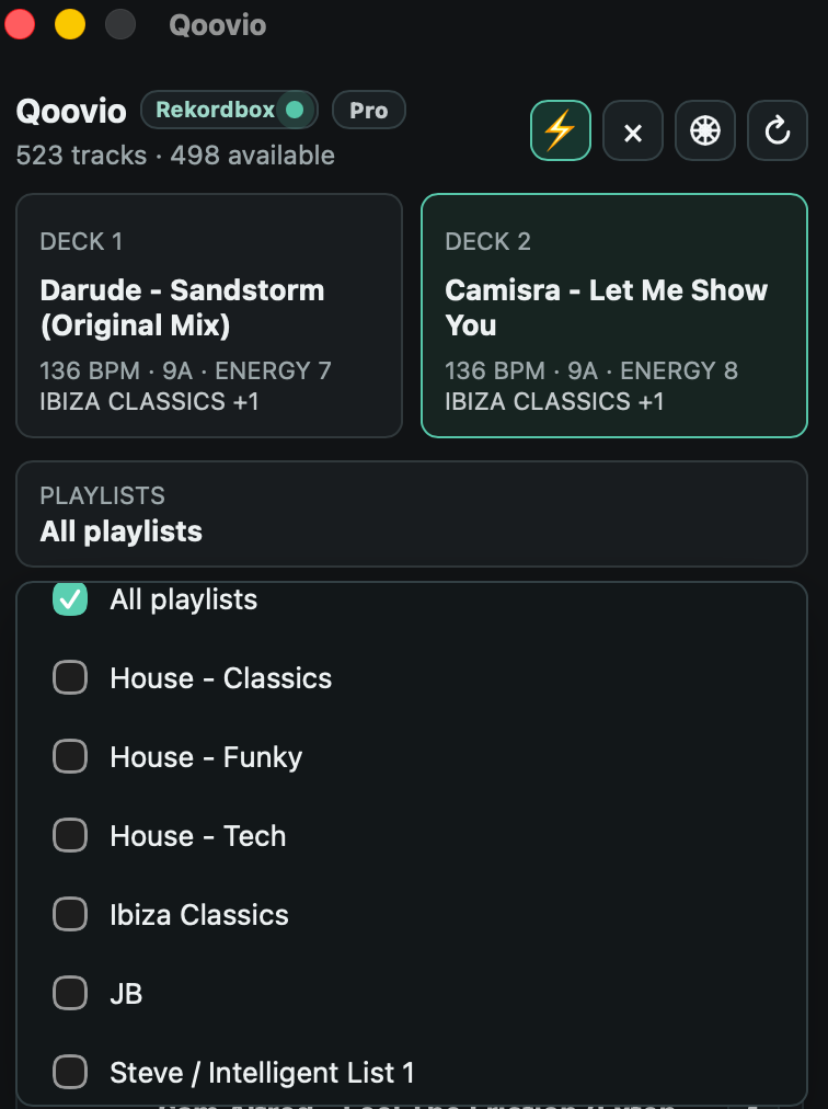 Qoovio filtering recommendations by Rekordbox playlists