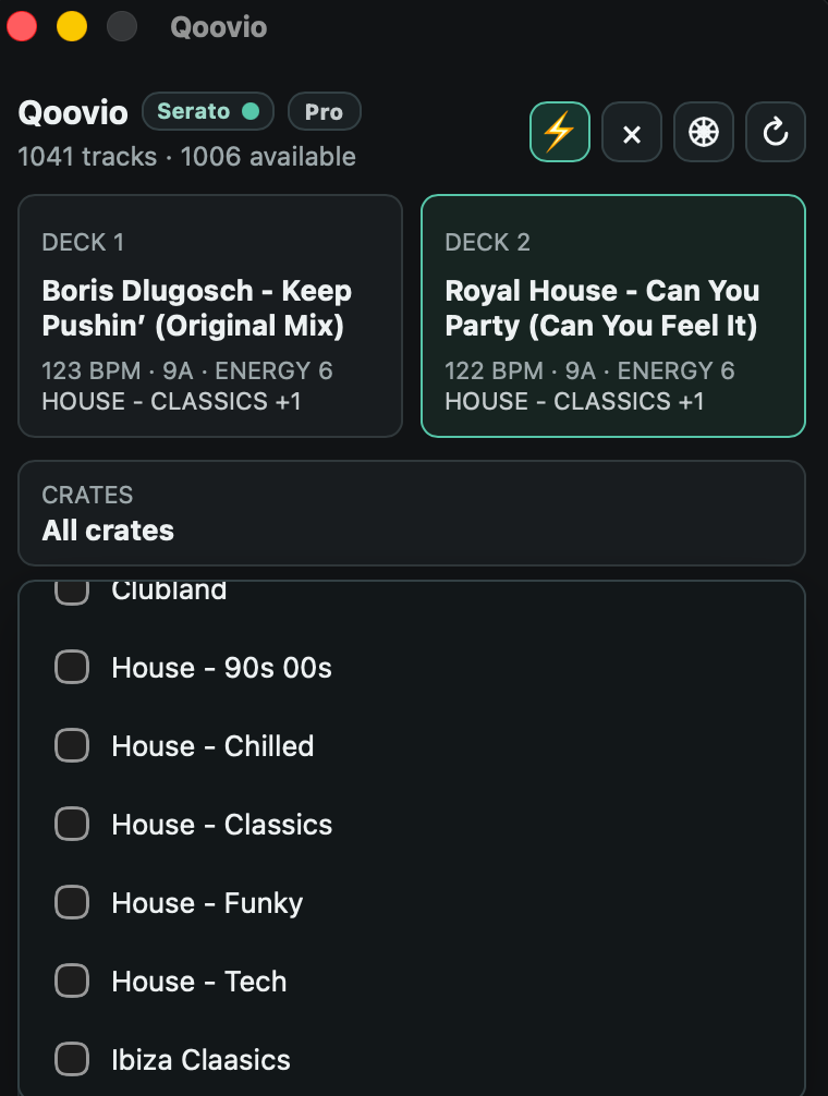 Qoovio filtering recommendations by Serato crates